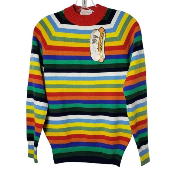 Hot Dog Sweaters - Hot Dog Dionysian Vtg  70's Rainbow Striped Mock neck Sweater Xlarge